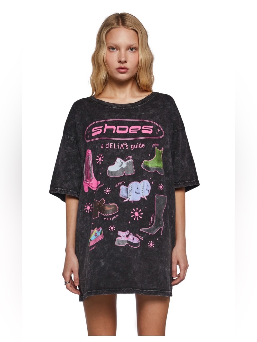 DOLLS KILL Delia’s short-sleeve T-shirt; black w/graphic of multicolor shoes, XL
